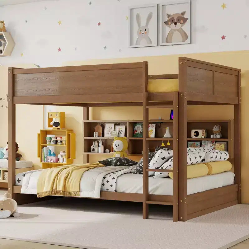 Bunk Bed Queen over Queen with Storage Cabinets, Queen Wood Bunk Bed Frame with Charging Station for Kids Teens