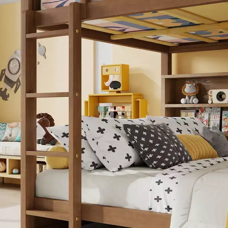 Bunk Bed Queen over Queen with Storage Cabinets, Queen Wood Bunk Bed Frame with Charging Station for Kids Teens