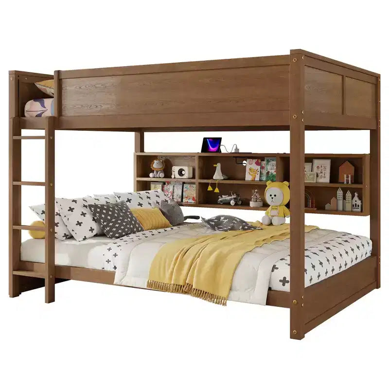 Bunk Bed Queen over Queen with Storage Cabinets, Queen Wood Bunk Bed Frame with Charging Station for Kids Teens