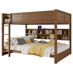 Bunk Bed Queen over Queen with Storage Cabinets, Queen Wood Bunk Bed Frame with Charging Station for Kids Teens