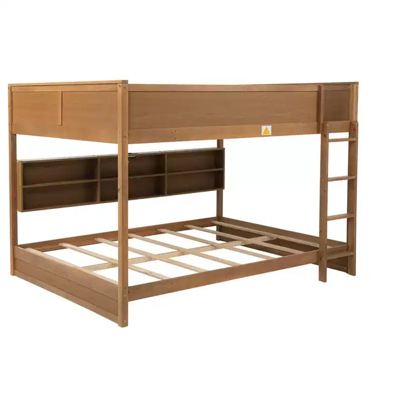 Bunk Bed Queen over Queen with Storage Cabinets, Queen Wood Bunk Bed Frame with Charging Station for Kids Teens