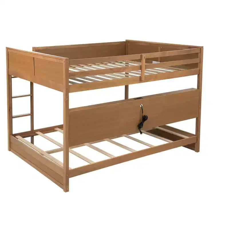 Bunk Bed Queen over Queen with Storage Cabinets, Queen Wood Bunk Bed Frame with Charging Station for Kids Teens