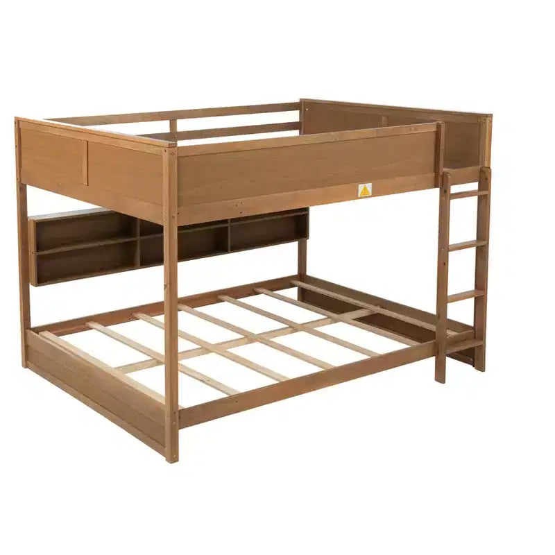 Bunk Bed Queen over Queen with Storage Cabinets, Queen Wood Bunk Bed Frame with Charging Station for Kids Teens