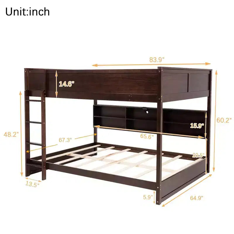 Bunk Bed Queen over Queen with Storage Cabinets, Queen Wood Bunk Bed Frame with Charging Station for Kids Teens