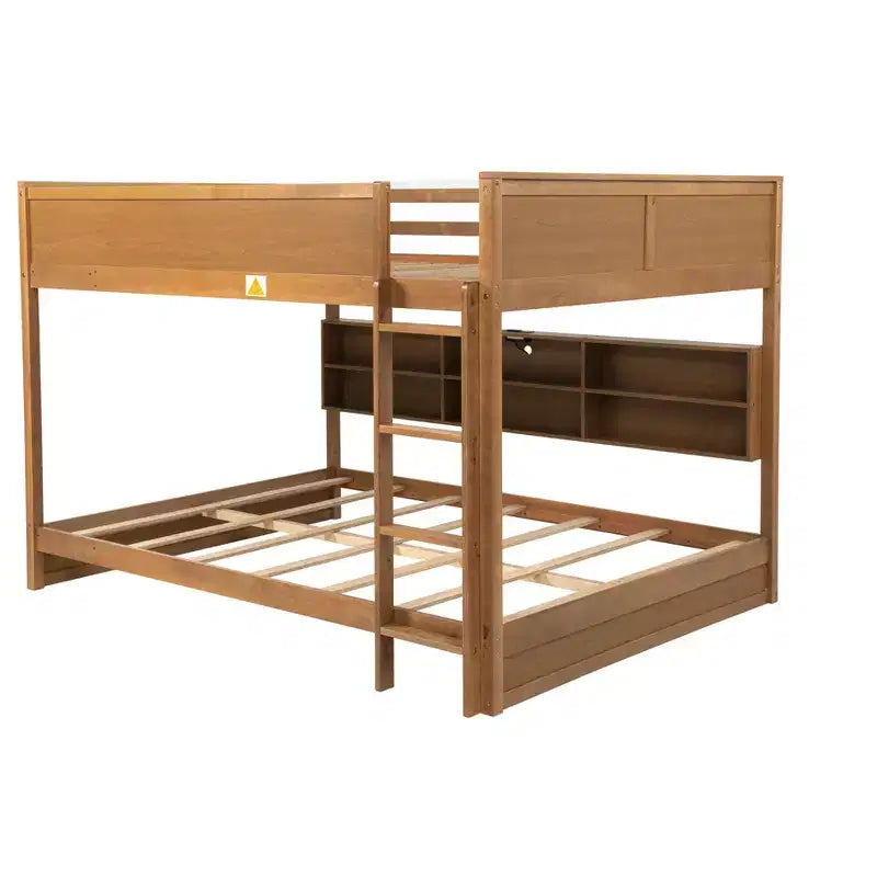 Bunk Bed Queen over Queen with Storage Cabinets, Queen Wood Bunk Bed Frame with Charging Station for Kids Teens