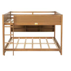 Bunk Bed Queen over Queen with Storage Cabinets, Queen Wood Bunk Bed Frame with Charging Station for Kids Teens