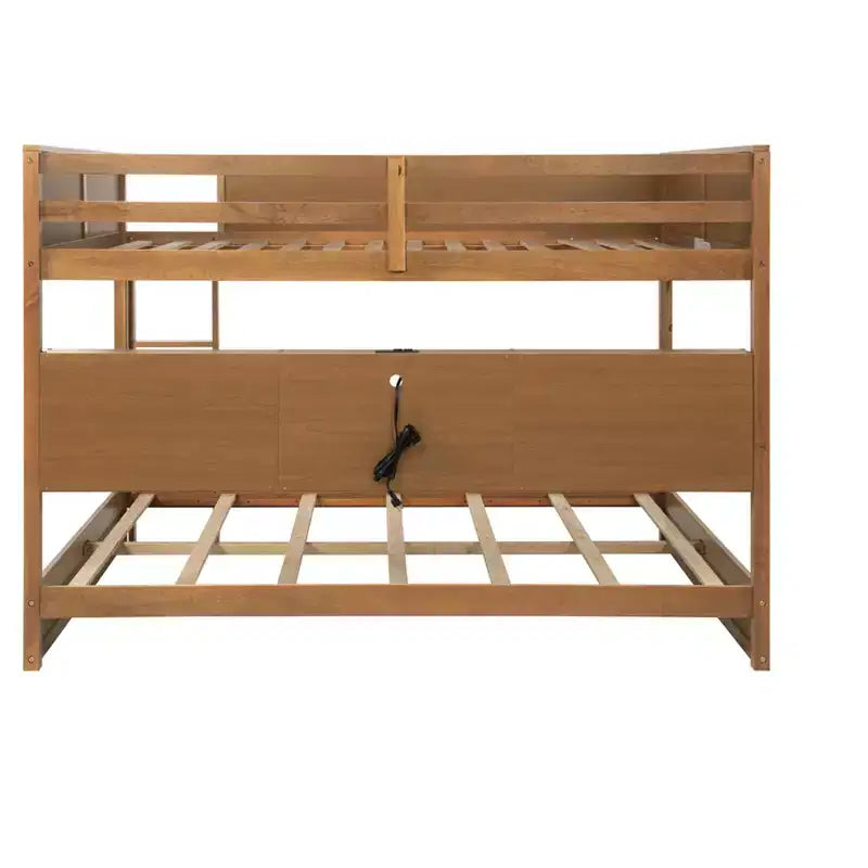 Bunk Bed Queen over Queen with Storage Cabinets, Queen Wood Bunk Bed Frame with Charging Station for Kids Teens