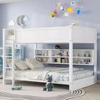 Bunk Bed Queen over Queen with Storage Cabinets, Queen Wood Bunk Bed Frame with Charging Station for Kids Teens