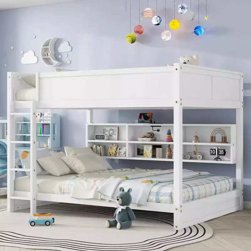 Bunk Bed Queen over Queen with Storage Cabinets, Queen Wood Bunk Bed Frame with Charging Station for Kids Teens