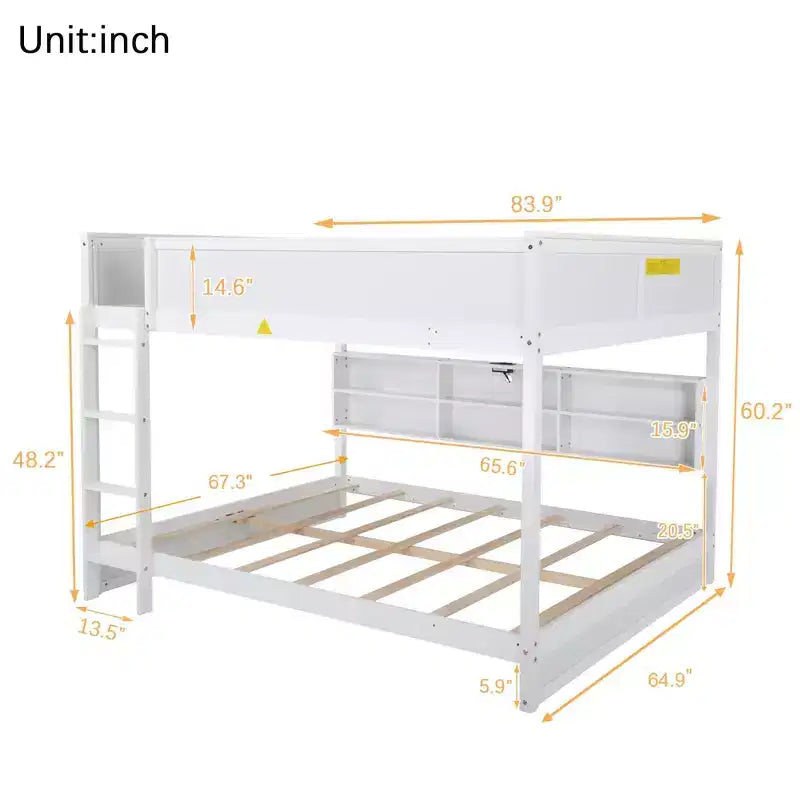 Bunk Bed Queen over Queen with Storage Cabinets, Queen Wood Bunk Bed Frame with Charging Station for Kids Teens