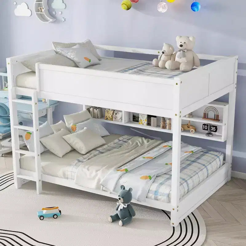Bunk Bed Queen over Queen with Storage Cabinets, Queen Wood Bunk Bed Frame with Charging Station for Kids Teens