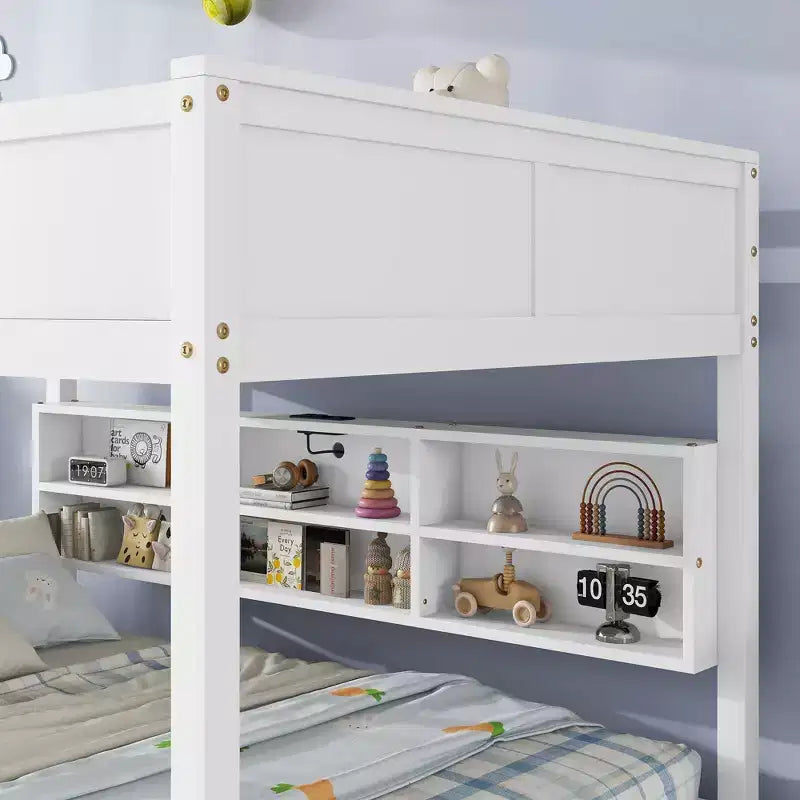 Bunk Bed Queen over Queen with Storage Cabinets, Queen Wood Bunk Bed Frame with Charging Station for Kids Teens