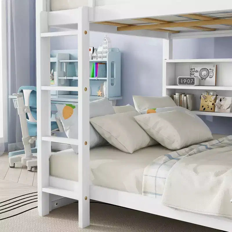 Bunk Bed Queen over Queen with Storage Cabinets, Queen Wood Bunk Bed Frame with Charging Station for Kids Teens