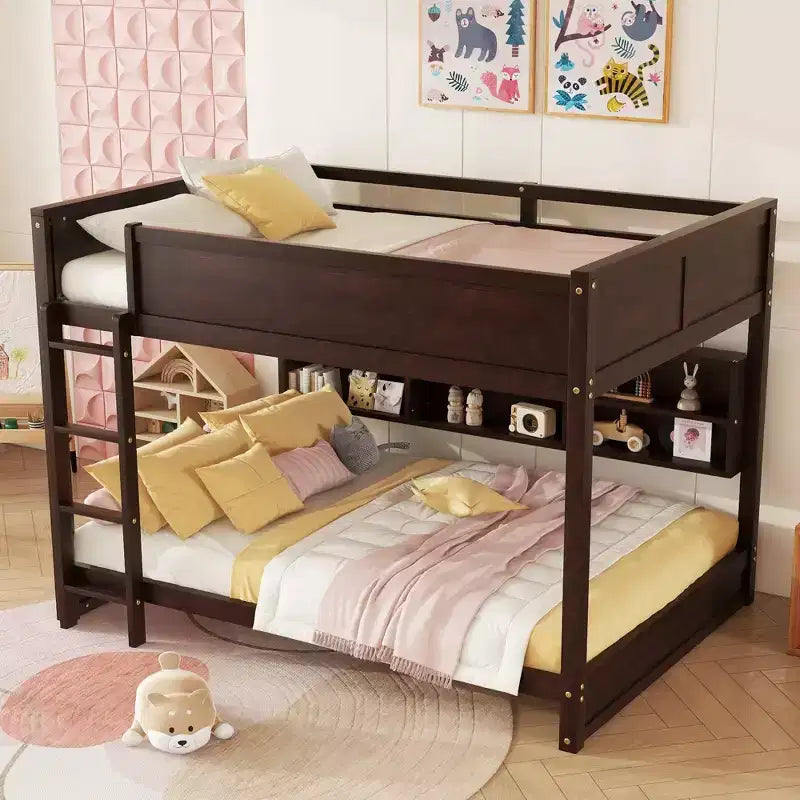 Bunk Bed Queen over Queen with Storage Cabinets, Queen Wood Bunk Bed Frame with Charging Station for Kids Teens