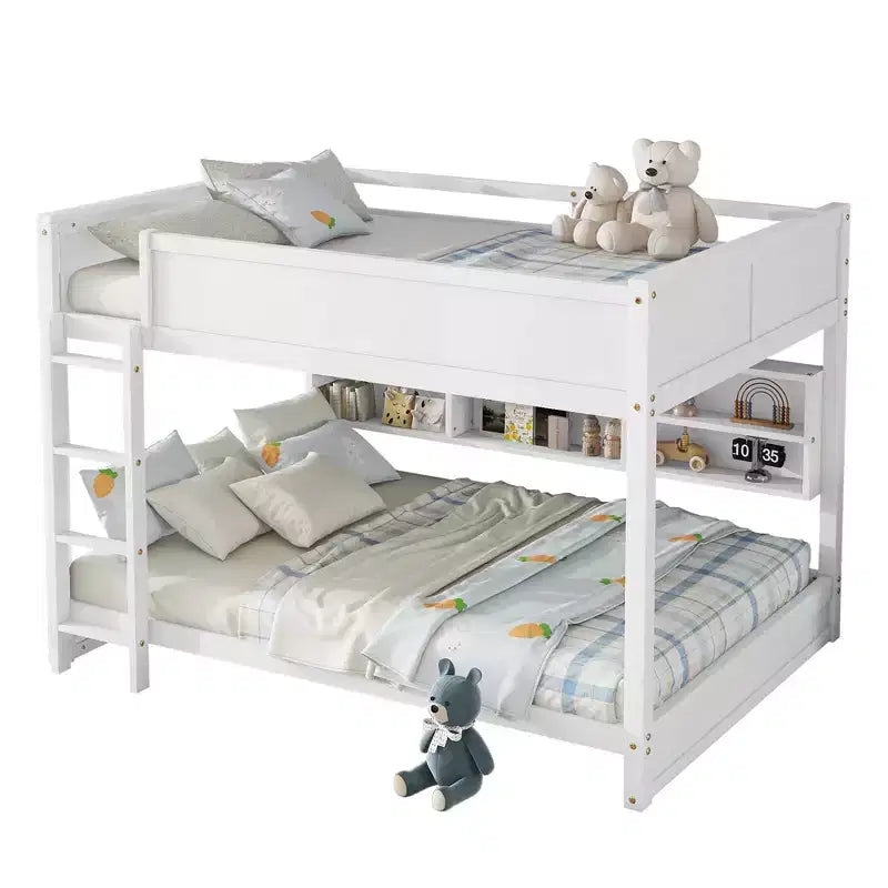 Bunk Bed Queen over Queen with Storage Cabinets, Queen Wood Bunk Bed Frame with Charging Station for Kids Teens