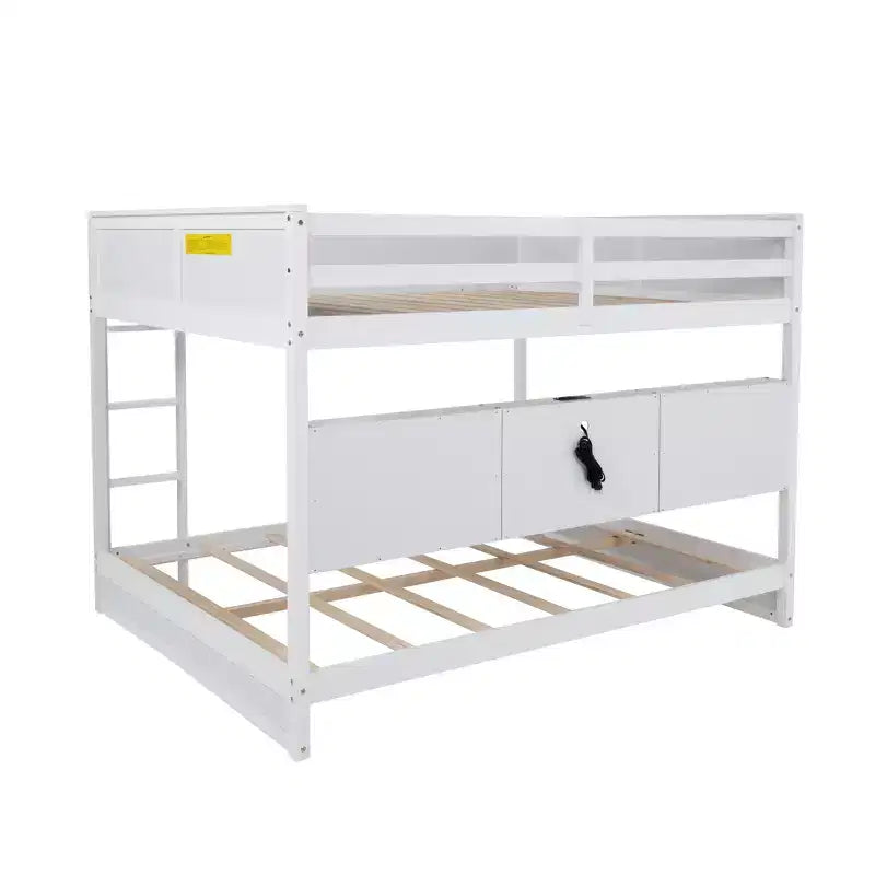 Bunk Bed Queen over Queen with Storage Cabinets, Queen Wood Bunk Bed Frame with Charging Station for Kids Teens