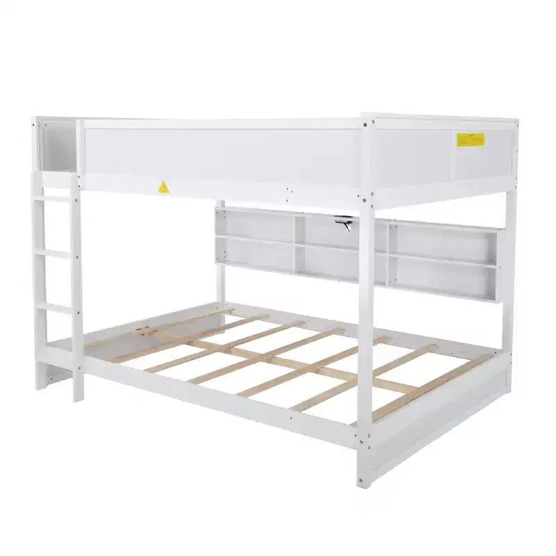 Bunk Bed Queen over Queen with Storage Cabinets, Queen Wood Bunk Bed Frame with Charging Station for Kids Teens