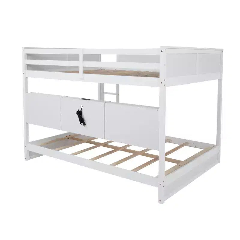Bunk Bed Queen over Queen with Storage Cabinets, Queen Wood Bunk Bed Frame with Charging Station for Kids Teens