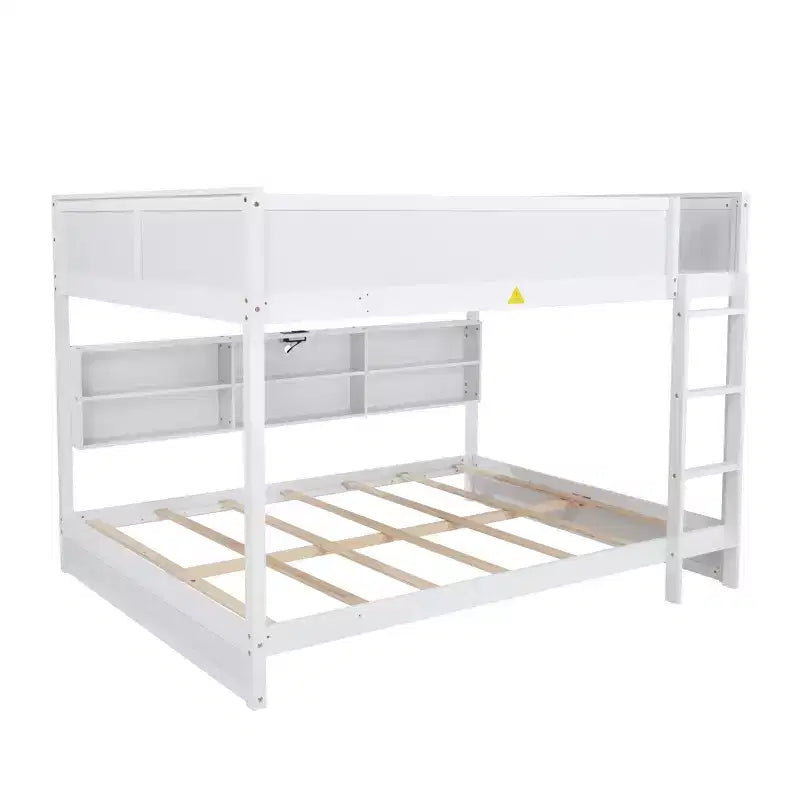 Bunk Bed Queen over Queen with Storage Cabinets, Queen Wood Bunk Bed Frame with Charging Station for Kids Teens