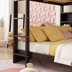 Bunk Bed Queen over Queen with Storage Cabinets, Queen Wood Bunk Bed Frame with Charging Station for Kids Teens