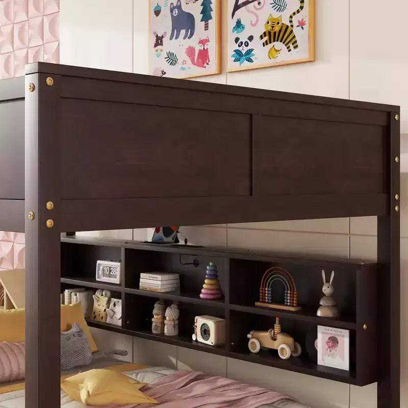 Bunk Bed Queen over Queen with Storage Cabinets, Queen Wood Bunk Bed Frame with Charging Station for Kids Teens