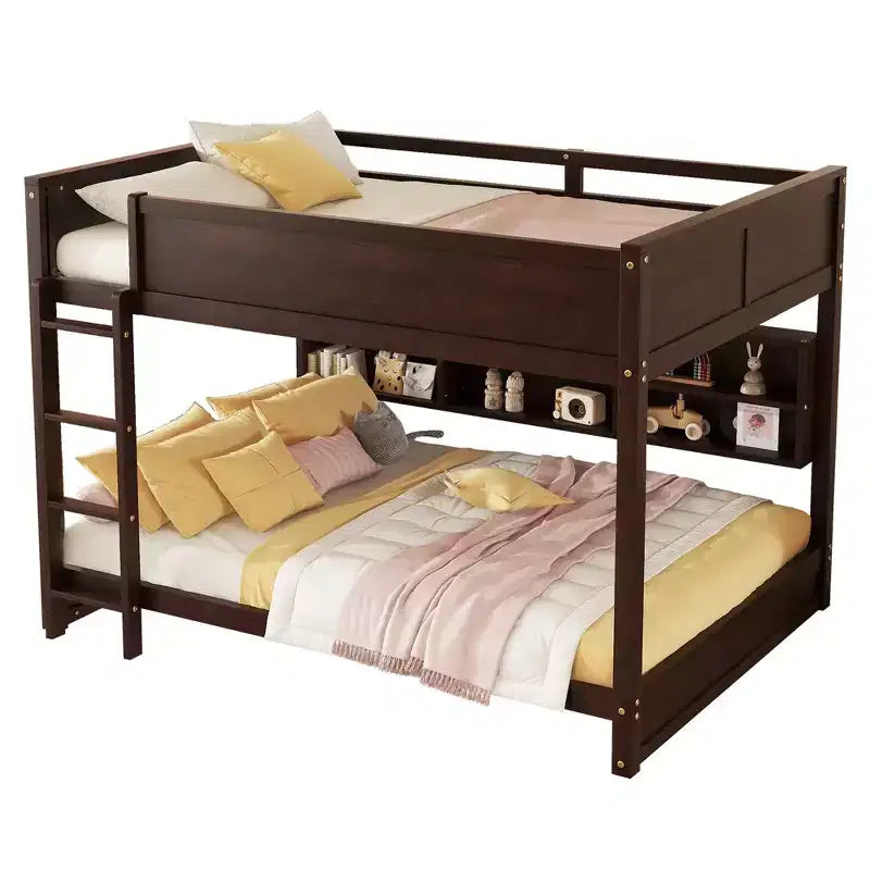 Bunk Bed Queen over Queen with Storage Cabinets, Queen Wood Bunk Bed Frame with Charging Station for Kids Teens