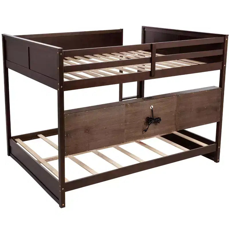 Bunk Bed Queen over Queen with Storage Cabinets, Queen Wood Bunk Bed Frame with Charging Station for Kids Teens