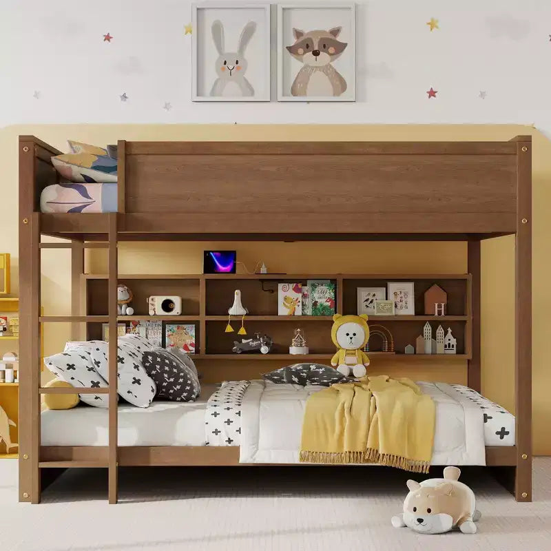 Bunk Bed Queen over Queen with Storage Cabinets, Queen Wood Bunk Bed Frame with Charging Station for Kids Teens