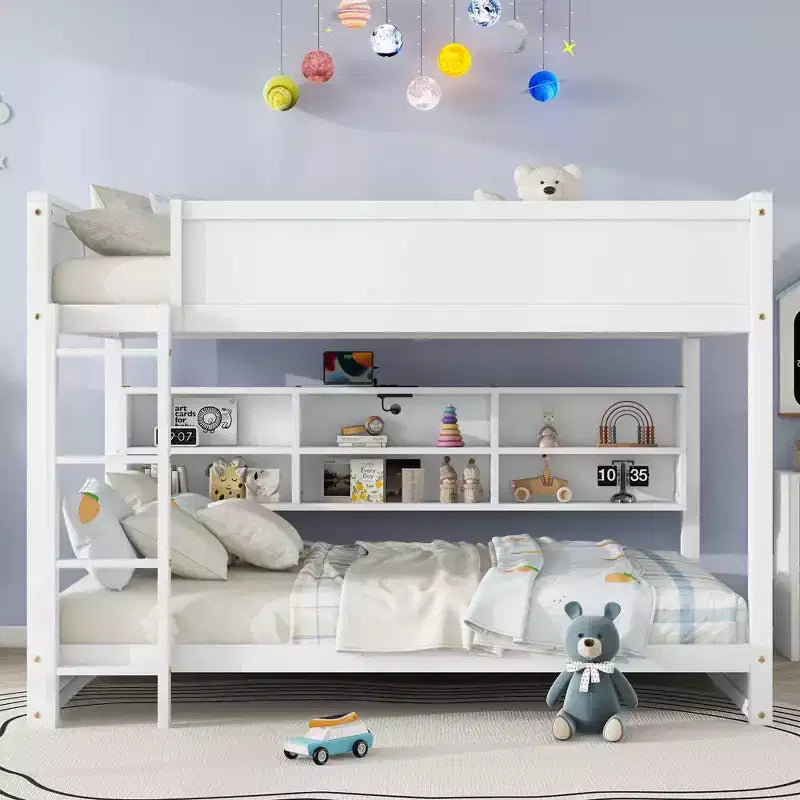 Bunk Bed Queen over Queen with Storage Cabinets, Queen Wood Bunk Bed Frame with Charging Station for Kids Teens
