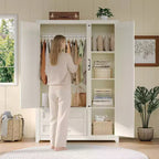 AMERLIFE 47 Farmhouse Wardrobe Armoire with 3 Doors, 2 Drawers, Hanging Rod & Adjustable Shelves, Freestanding Closet Organizer