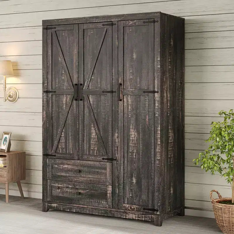 AMERLIFE 47 Farmhouse Wardrobe Armoire with 3 Doors, 2 Drawers, Hanging Rod & Adjustable Shelves, Freestanding Closet Organizer