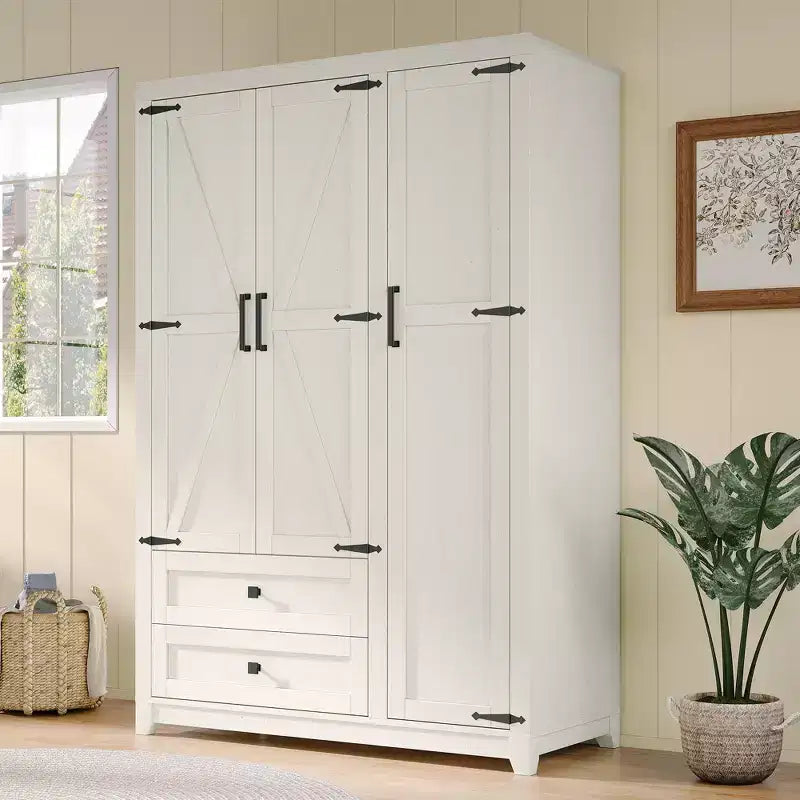 AMERLIFE 47 Farmhouse Wardrobe Armoire with 3 Doors, 2 Drawers, Hanging Rod & Adjustable Shelves, Freestanding Closet Organizer