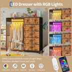 49.2 Dresser with Hanging Rack & Lights, 6-Drawer Storage Tower with Charging Station & Reversible Wood Top for Bedroom