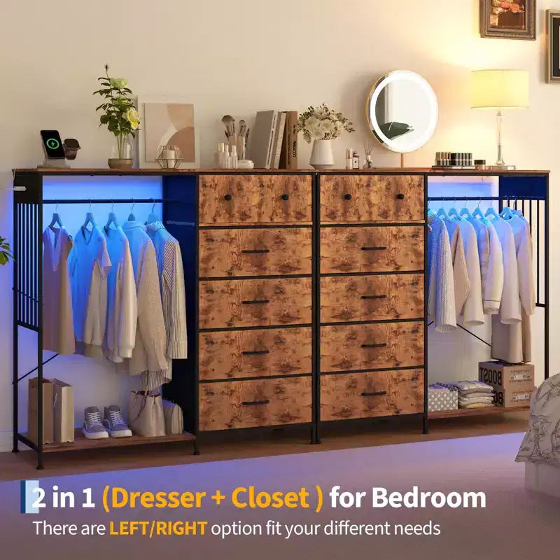 49.2 Dresser with Hanging Rack & Lights, 6-Drawer Storage Tower with Charging Station & Reversible Wood Top for Bedroom