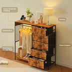 49.2 Dresser with Hanging Rack & Lights, 6-Drawer Storage Tower with Charging Station & Reversible Wood Top for Bedroom
