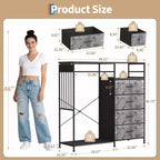 49.2 Dresser with Hanging Rack & Lights, 6-Drawer Storage Tower with Charging Station & Reversible Wood Top for Bedroom