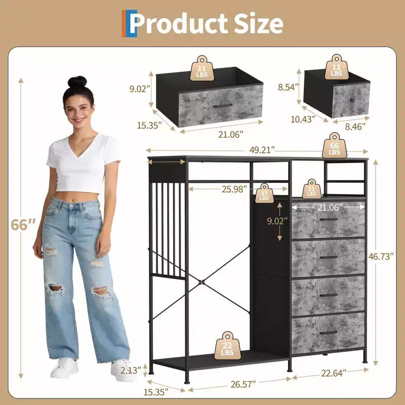 49.2 Dresser with Hanging Rack & Lights, 6-Drawer Storage Tower with Charging Station & Reversible Wood Top for Bedroom