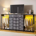 49.2 Dresser with Hanging Rack & Lights, 6-Drawer Storage Tower with Charging Station & Reversible Wood Top for Bedroom