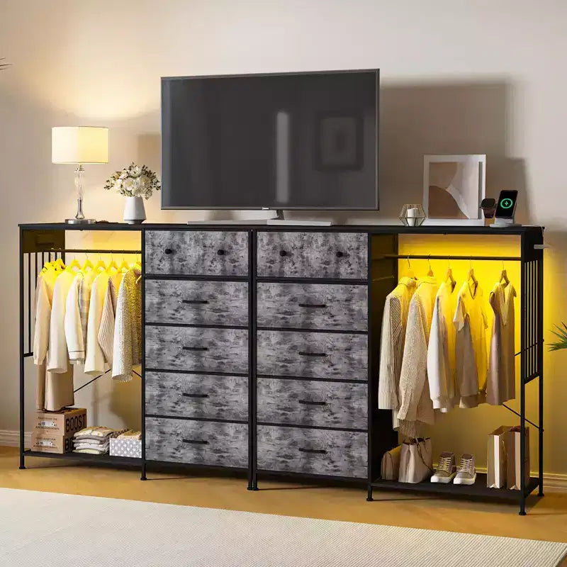 49.2 Dresser with Hanging Rack & Lights, 6-Drawer Storage Tower with Charging Station & Reversible Wood Top for Bedroom