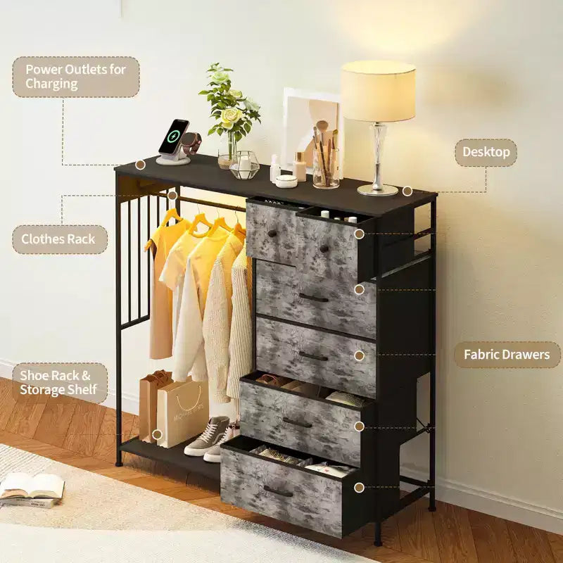 49.2 Dresser with Hanging Rack & Lights, 6-Drawer Storage Tower with Charging Station & Reversible Wood Top for Bedroom