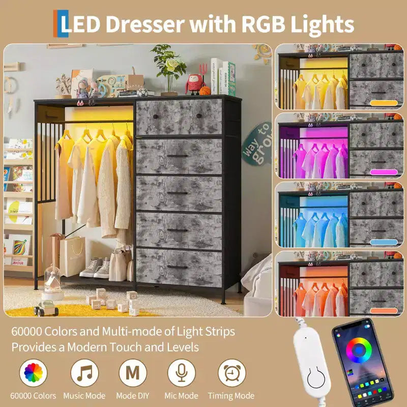49.2 Dresser with Hanging Rack & Lights, 6-Drawer Storage Tower with Charging Station & Reversible Wood Top for Bedroom