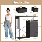 49.2 Dresser with Hanging Rack & Lights, 6-Drawer Storage Tower with Charging Station & Reversible Wood Top for Bedroom