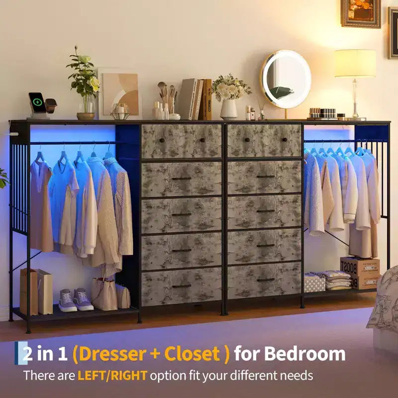 49.2 Dresser with Hanging Rack & Lights, 6-Drawer Storage Tower with Charging Station & Reversible Wood Top for Bedroom