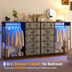49.2 Dresser with Hanging Rack & Lights, 6-Drawer Storage Tower with Charging Station & Reversible Wood Top for Bedroom