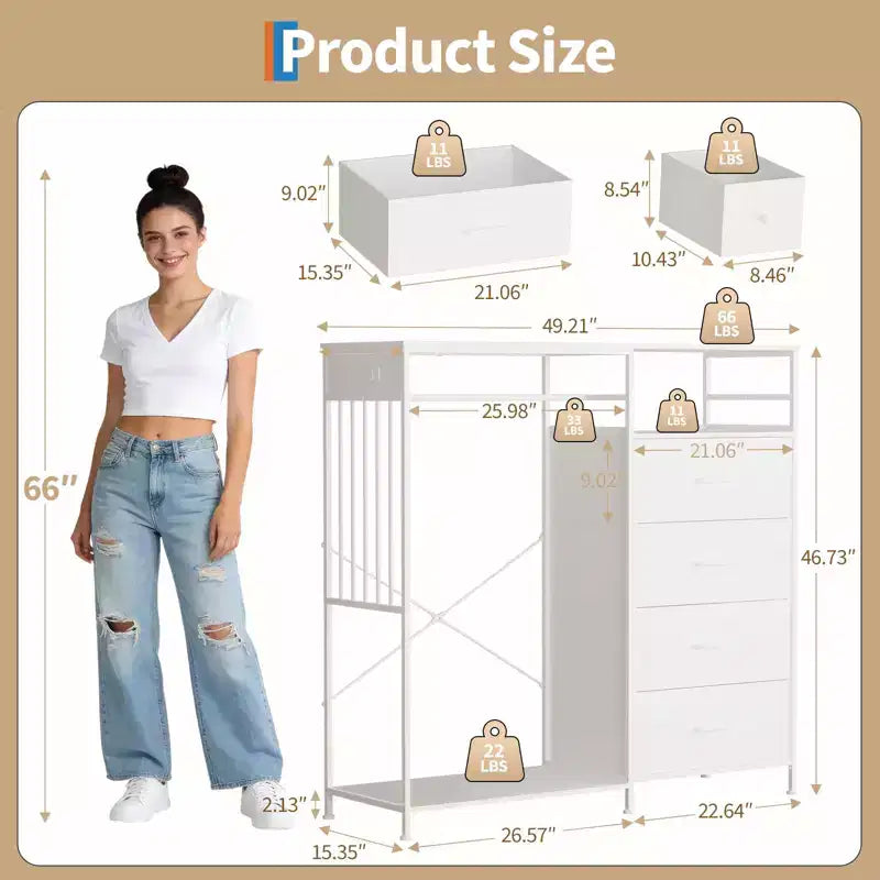 49.2 Dresser with Hanging Rack & Lights, 6-Drawer Storage Tower with Charging Station & Reversible Wood Top for Bedroom