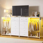 49.2 Dresser with Hanging Rack & Lights, 6-Drawer Storage Tower with Charging Station & Reversible Wood Top for Bedroom