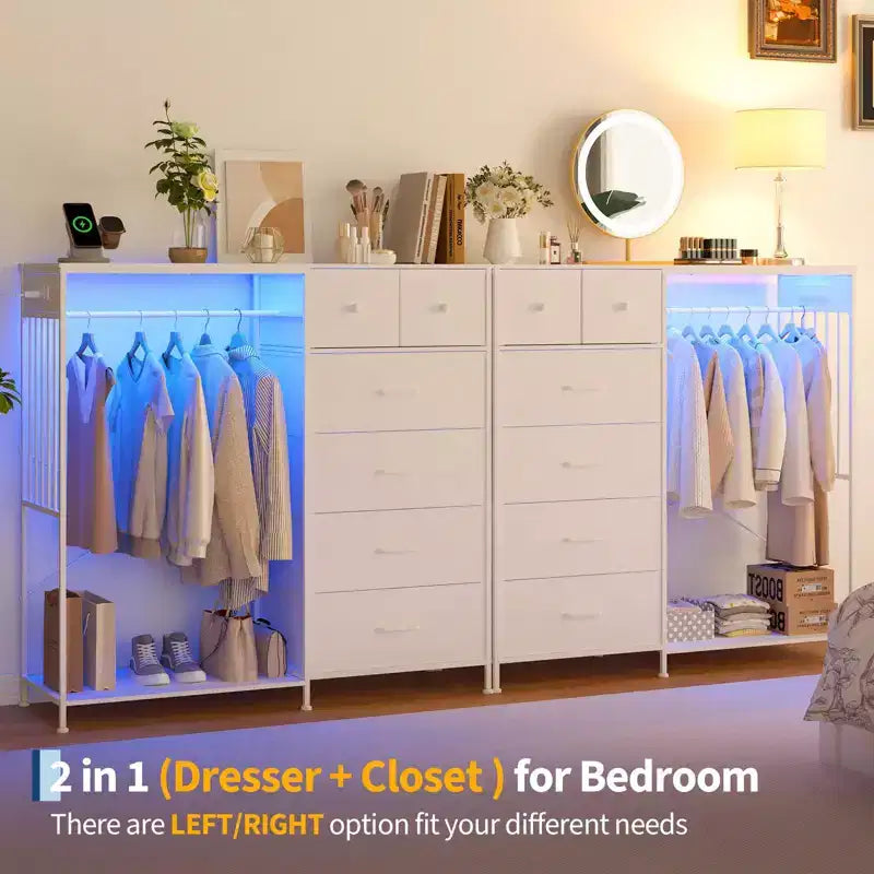 49.2 Dresser with Hanging Rack & Lights, 6-Drawer Storage Tower with Charging Station & Reversible Wood Top for Bedroom