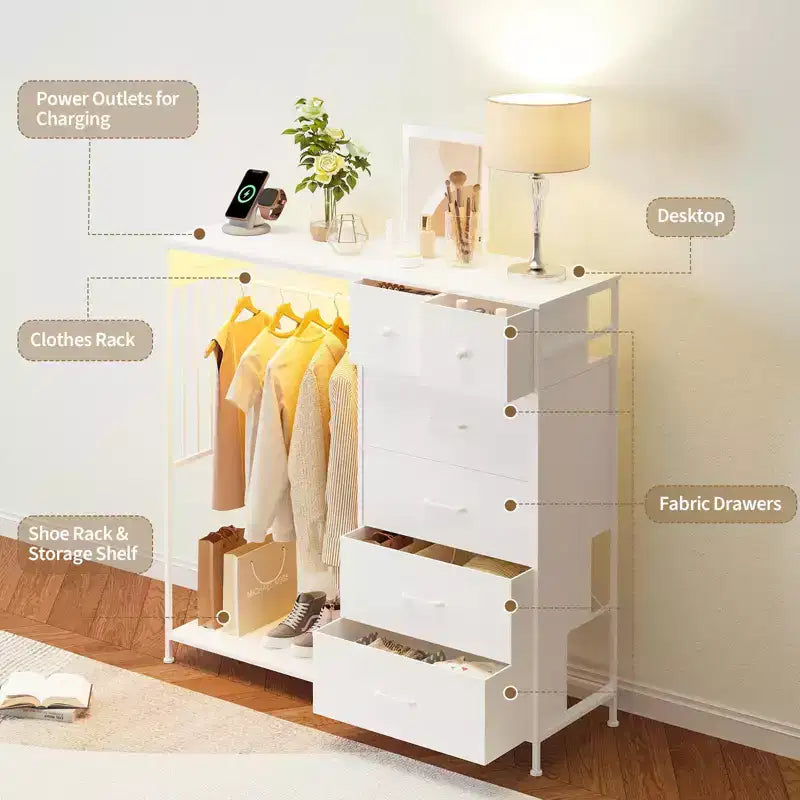 49.2 Dresser with Hanging Rack & Lights, 6-Drawer Storage Tower with Charging Station & Reversible Wood Top for Bedroom