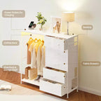 49.2 Dresser with Hanging Rack & Lights, 6-Drawer Storage Tower with Charging Station & Reversible Wood Top for Bedroom