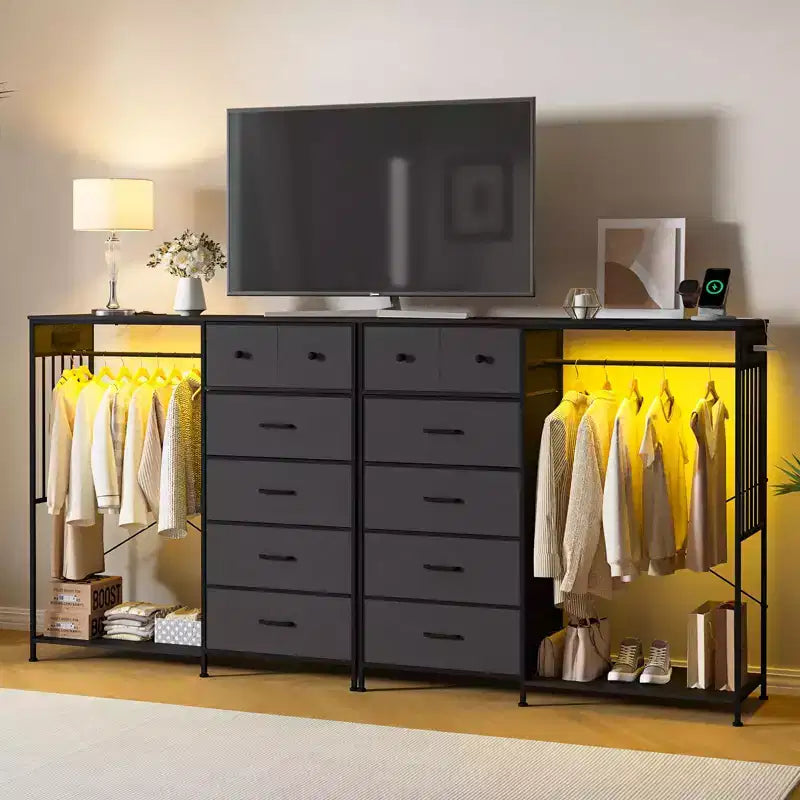 49.2 Dresser with Hanging Rack & Lights, 6-Drawer Storage Tower with Charging Station & Reversible Wood Top for Bedroom